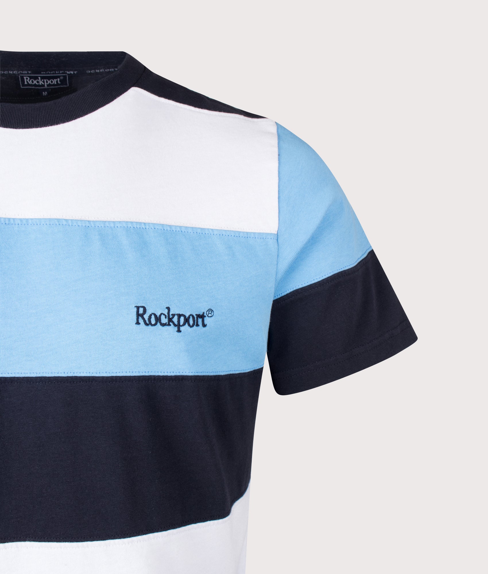 Rockport Relaxed Fit Dyer Stripe T-Shirt in Navy, white and blue stripe at EQVVS Menswear. Detail shot.