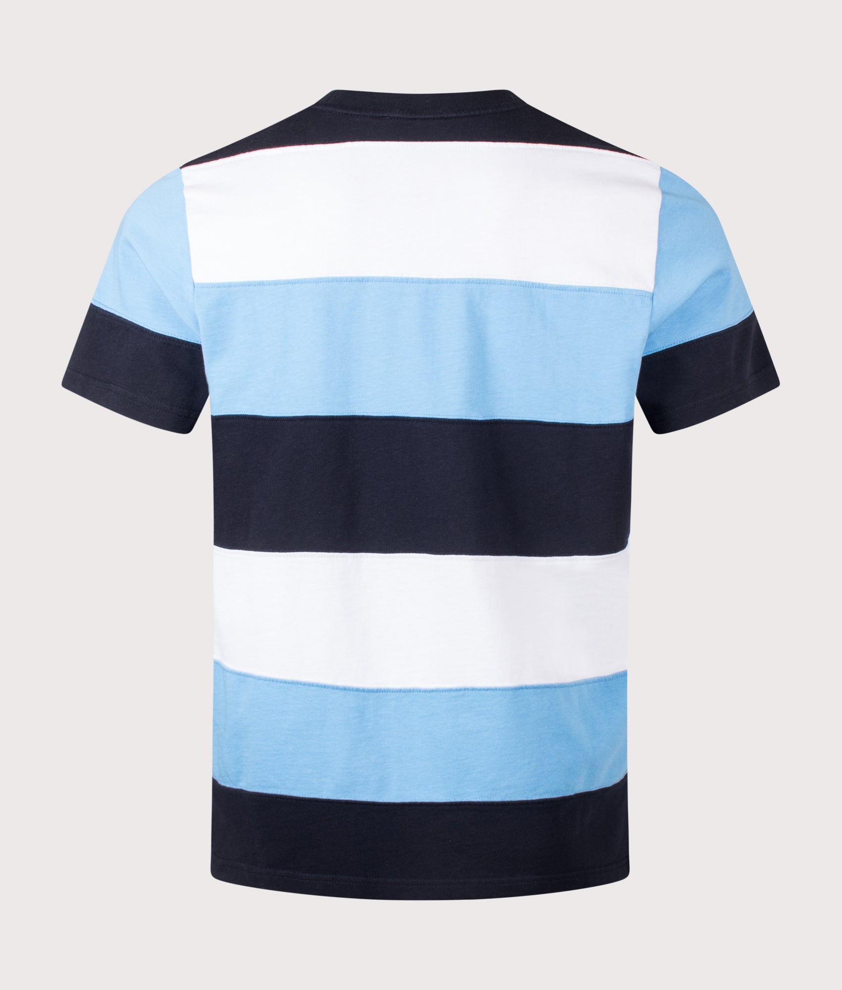 Rockport Relaxed Fit Dyer Stripe T-Shirt in Navy, white and blue stripe at EQVVS Menswear. Back shot.