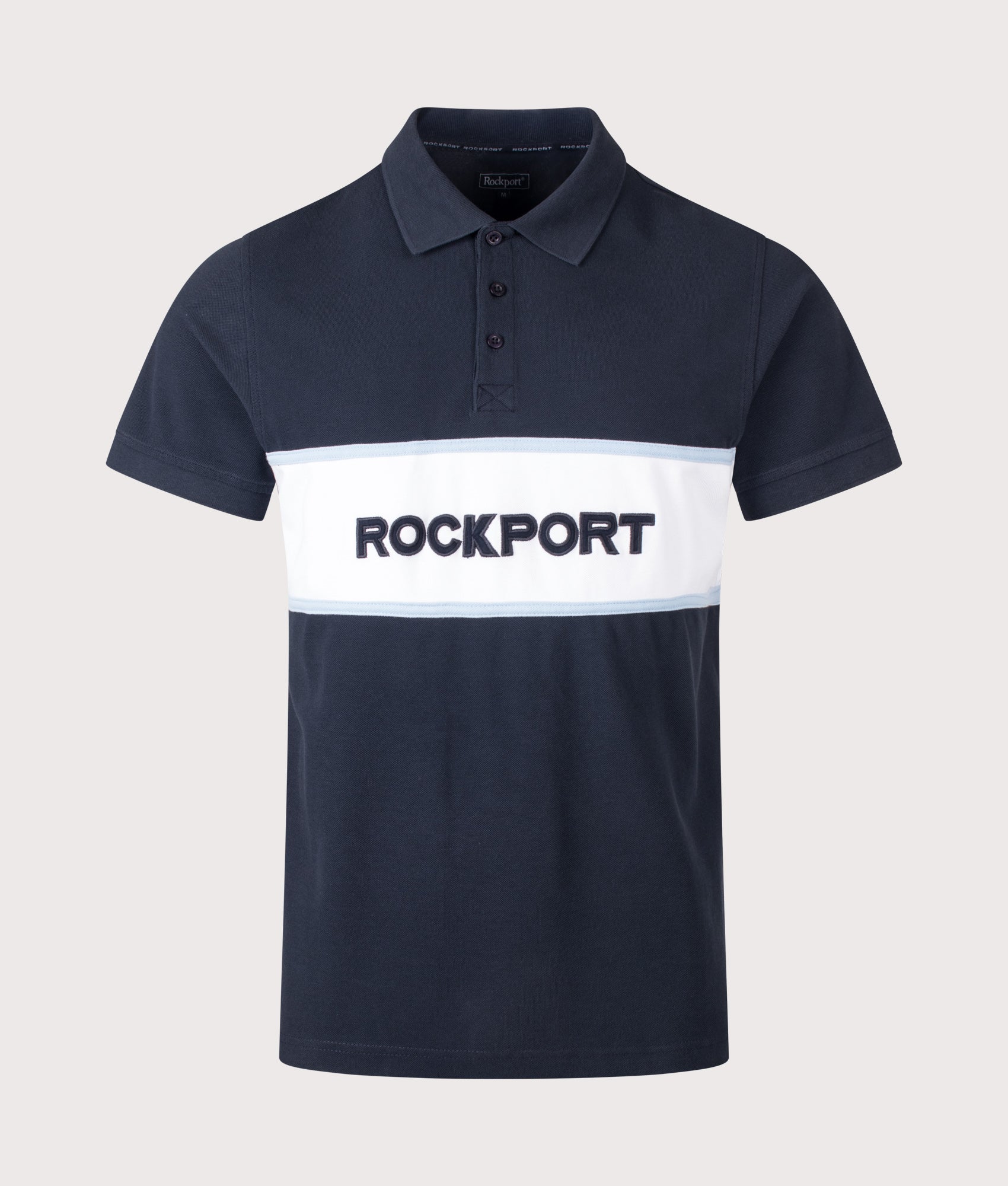Rockport Relaxed Fit Cobb Insert Logo Panel Polo Shirt in Navy at EQVVS Menswear. Front shot.