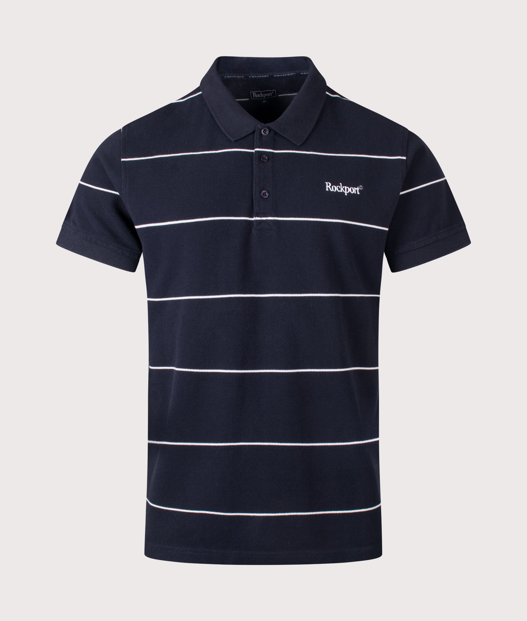 Rockport Relaxed Fit Katz Stripe Polo Shirt in Navy at EQVVS Menswear. Front shot.