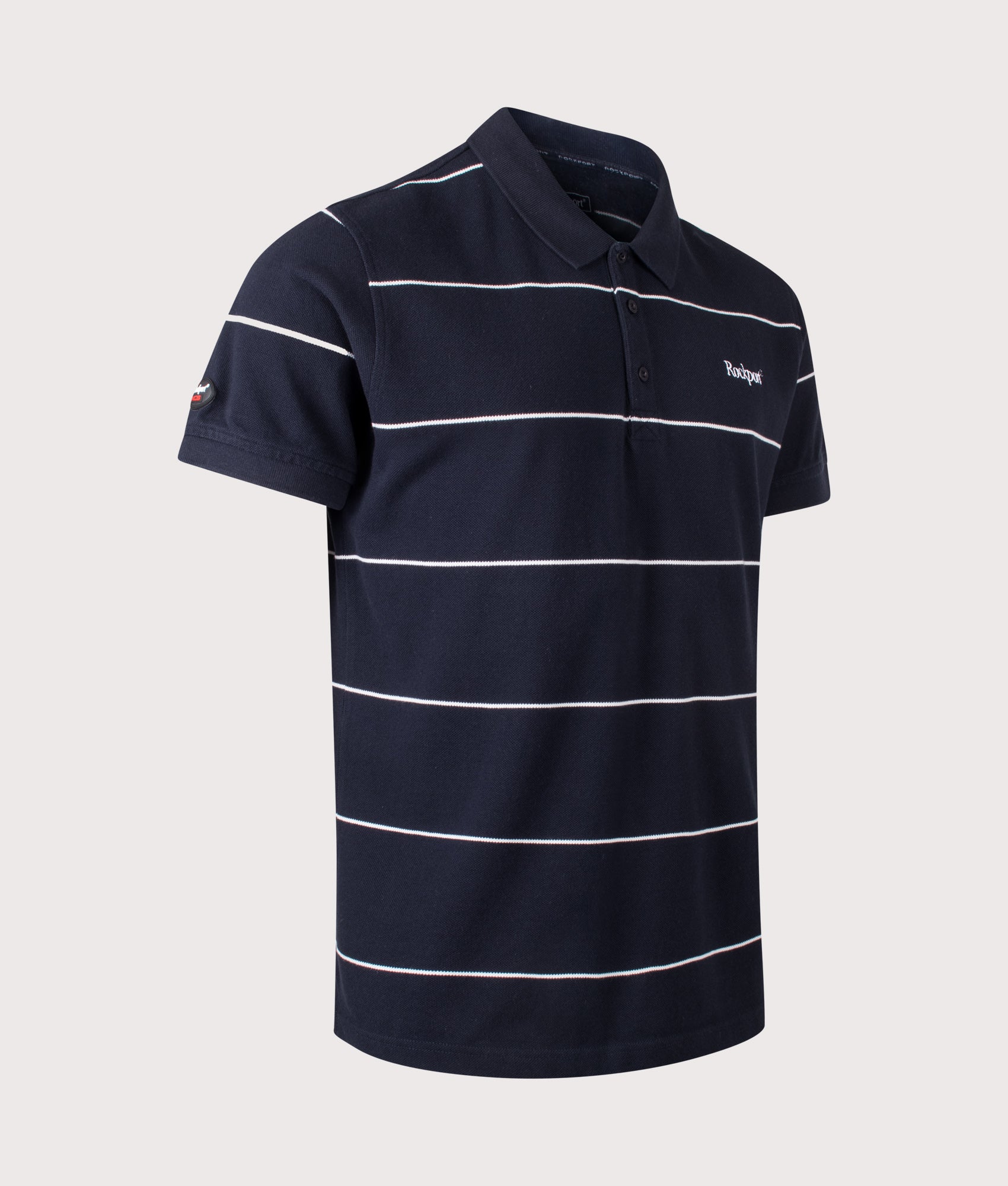 Rockport Relaxed Fit Katz Stripe Polo Shirt in Navy at EQVVS Menswear. Angled front shot.