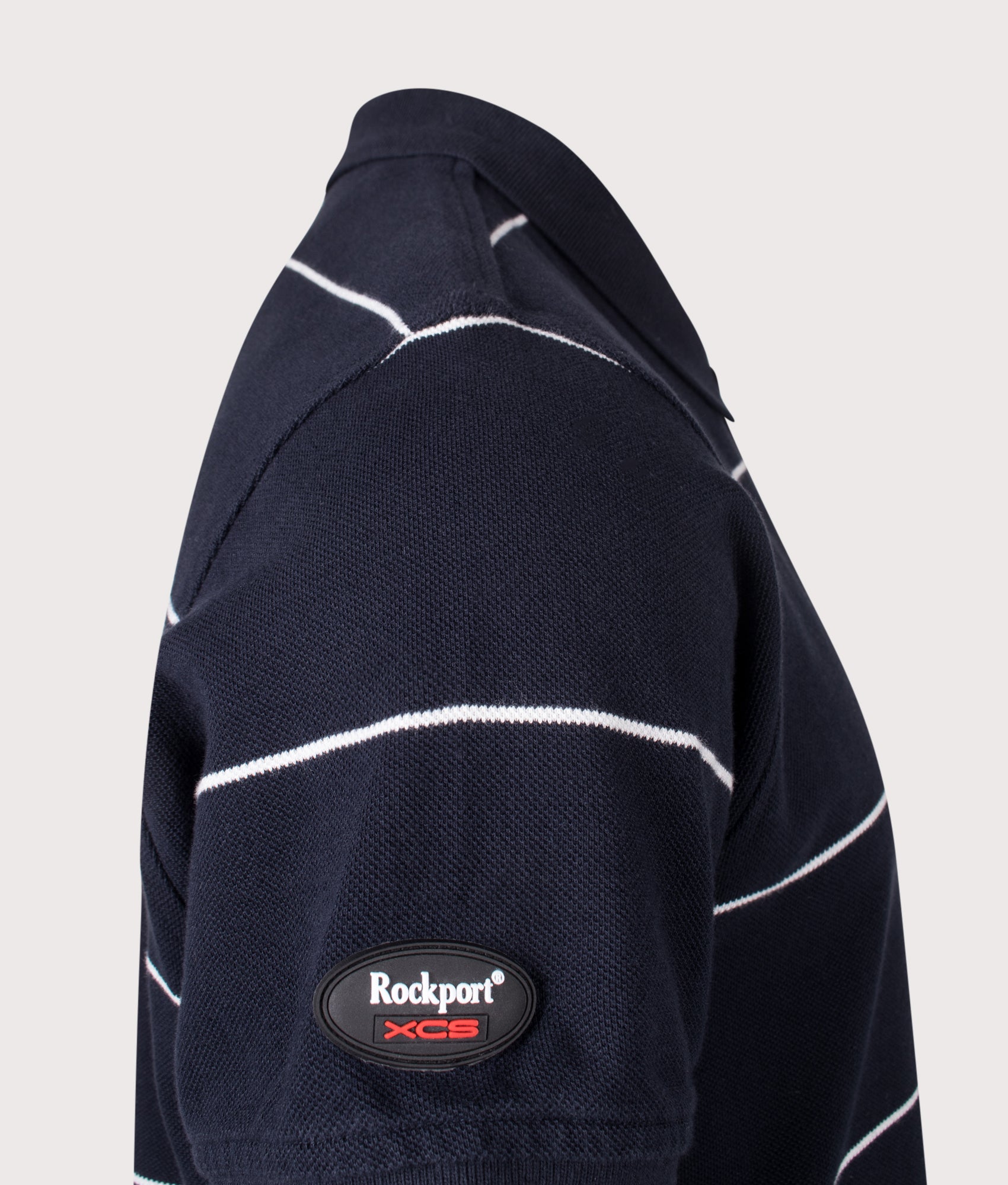 Rockport Relaxed Fit Katz Stripe Polo Shirt in Navy at EQVVS Menswear. Sleeve detail shot.
