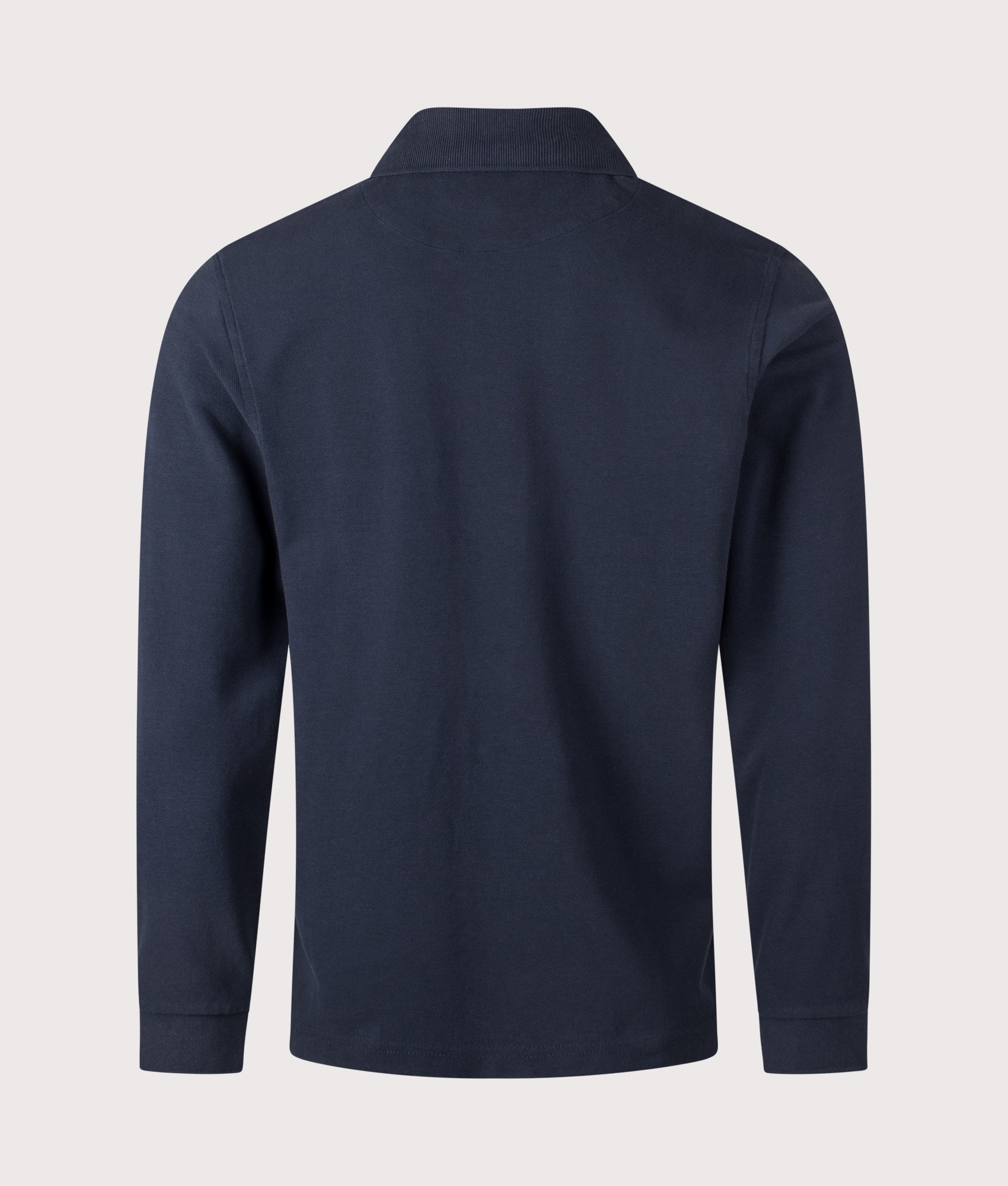 Rockport Relaxed Fit Hill Long Sleeve Panel Polo Shirt in Navy at EQVVS Menswear. Back shot.