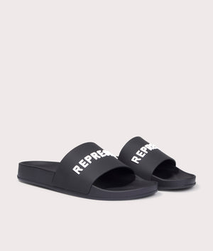 Represent Pool Slide in Black. EQVVS Side Pair Shot.