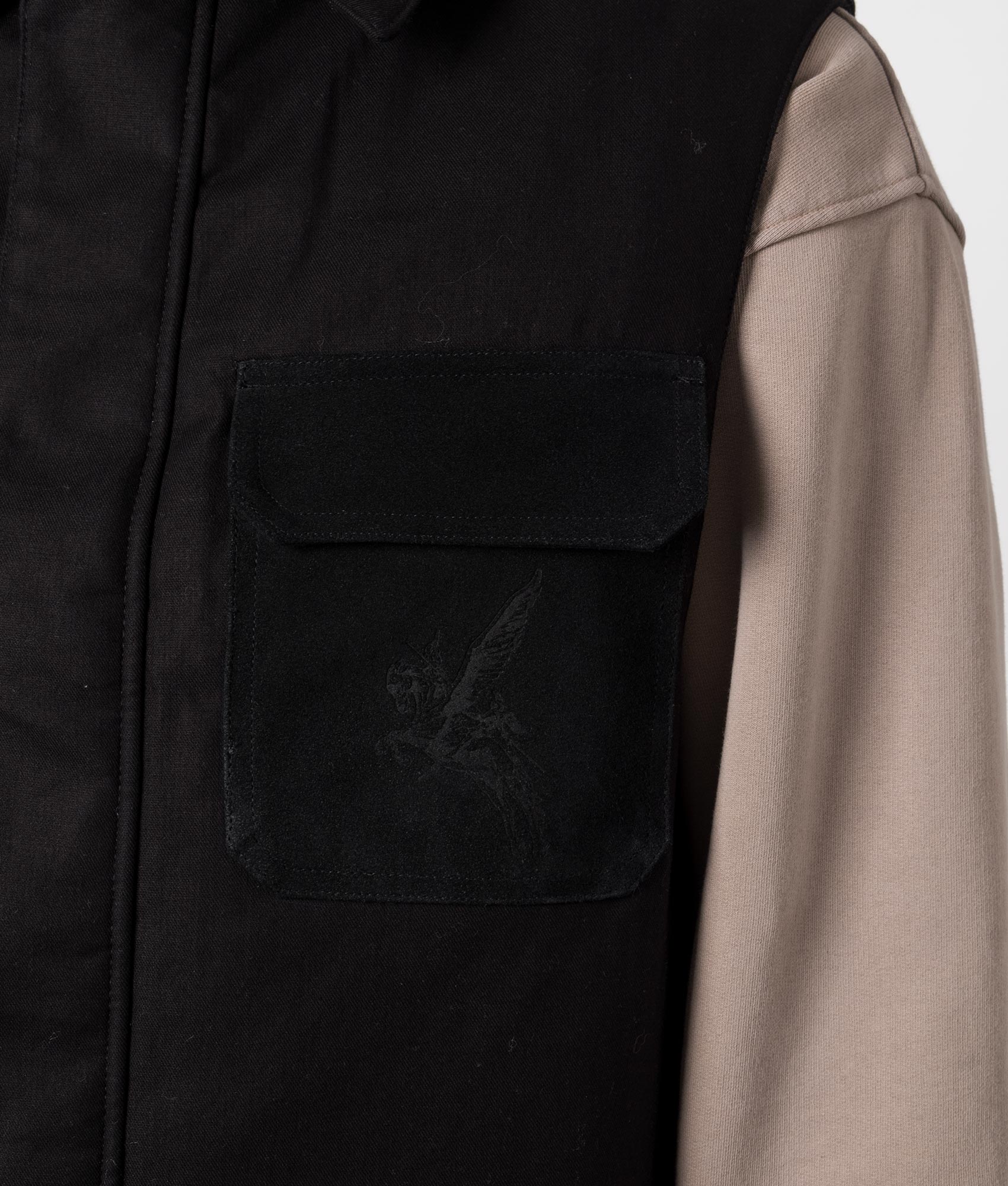 REPRESENT Collared Gilet in Black with Pocket Print Model Front Pocket Shot at EQVVS