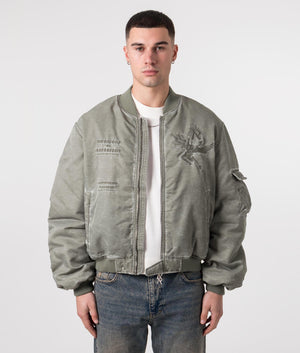 REPRESENT Icarus Flight Bomber Jacket in Khaki with Embroidery to the back and chest Front Open shot at EQVVS
