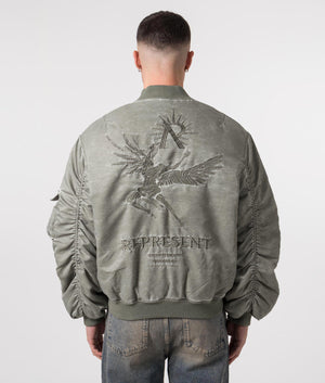 REPRESENT Icarus Flight Bomber Jacket in Khaki with Embroidery to the back and chest back shot at EQVVS