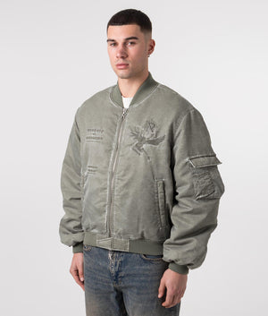 REPRESENT Icarus Flight Bomber Jacket in Khaki with Embroidery to the back and chest Angle Zipped shot at EQVVS