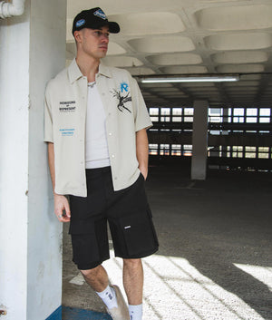 REPRESENT Icarus Short Sleeve Shirt Off White Campaign Shot. EQVVS