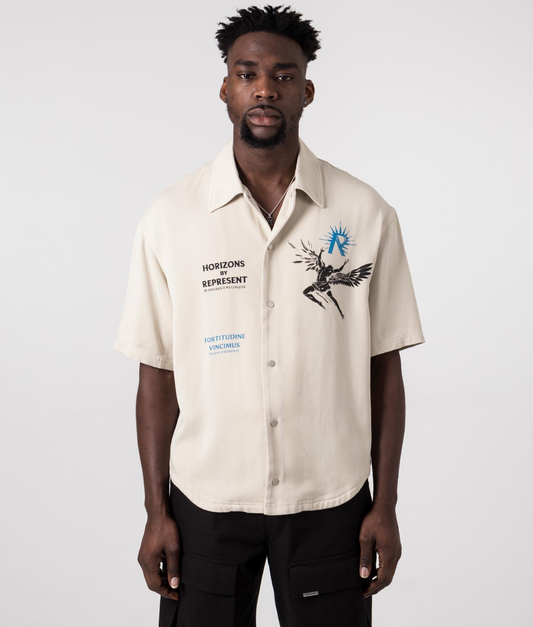 REPRESENT Icarus Short Sleeve Shirt Off White Front Shot. EQVVS