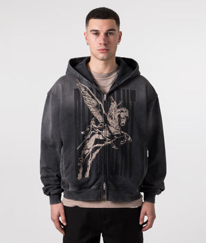 REPRESENT Spirits Mascot Zip Through Hoodie in Aged Black with Front Print Front Shot EQVVS