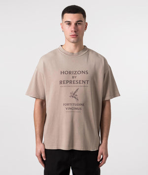 REPRESENT Horizons T-Shirt in Washed Taupe with Front Print Model Shot at EQVVS