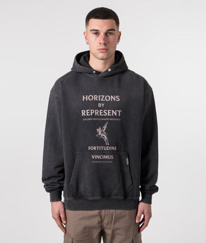 REPRESENT Horizons Hoodie in Aged Black with Pegasus Front Print Model Front Shot at EQVVS