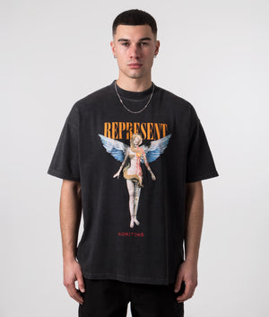 REPRESENT Reborn T-Shirt in Aged Black with Front and Back Print Model Front Shot EQVVS