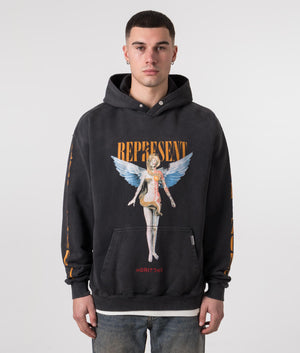 REPRESENT Reborn Hoodie in Aged Black with Front Print Model Front Shot at EQVVS