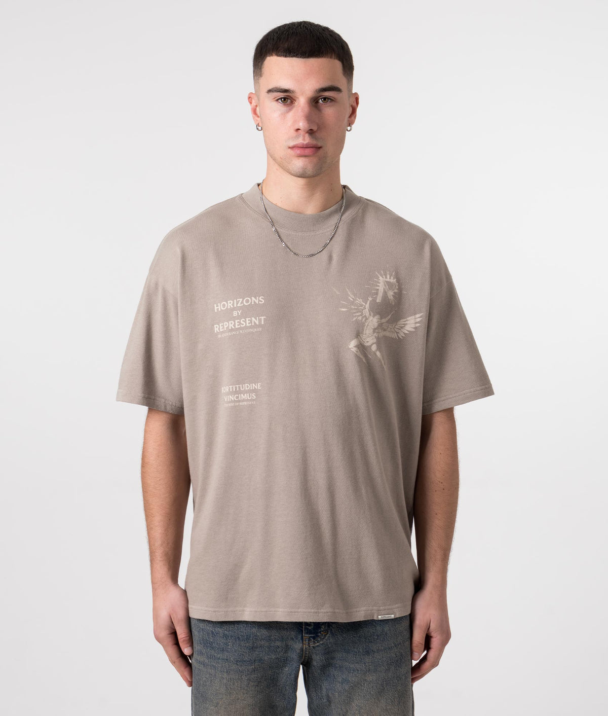 REPRESENT Icarus T-Shirt in Taupe with Icarus Print Model Front Shot at EQVVS