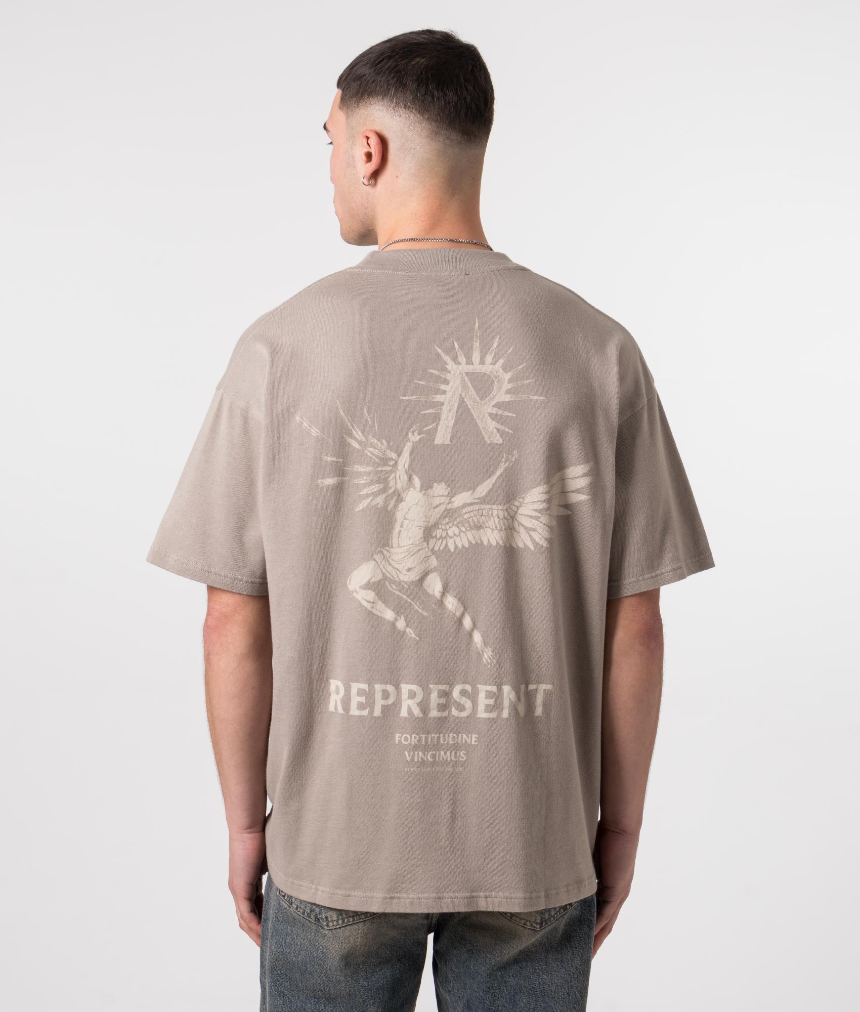 REPRESENT Icarus T-Shirt in Taupe with Icarus Print Model Back Shot at EQVVS