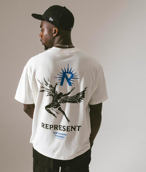 REPRESENT Icarus T-Shirt in Flat White With Graphic Design & Back Print Campaign Shot at EQVVS
