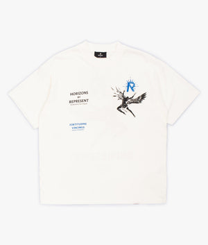 REPRESENT Icarus T-Shirt in Flat White With Graphic Design & Back Print Front Shot at EQVVS