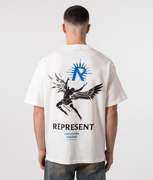 REPRESENT Icarus T-Shirt in Flat White With Graphic Design & Back Print Model Back Shot at EQVVS