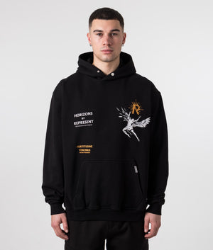 REPRESENT Icarus Hoodie in Jet Black with Icarus Front and Back Print Model Front Shot at EQVVS