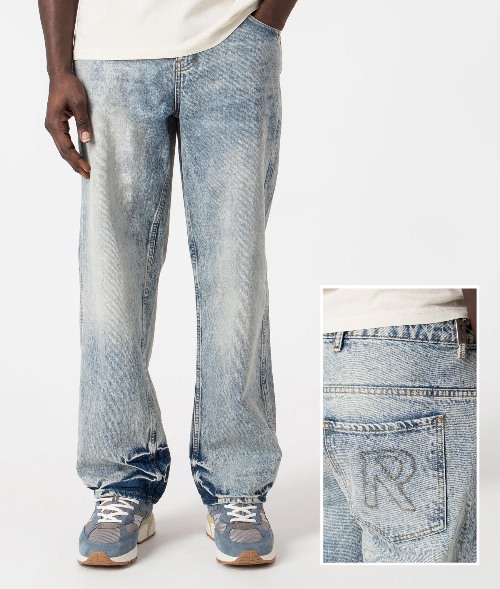R3 Baggy Denim Jeans in Blue by Represent. EQVVS Front and Detail Shot.