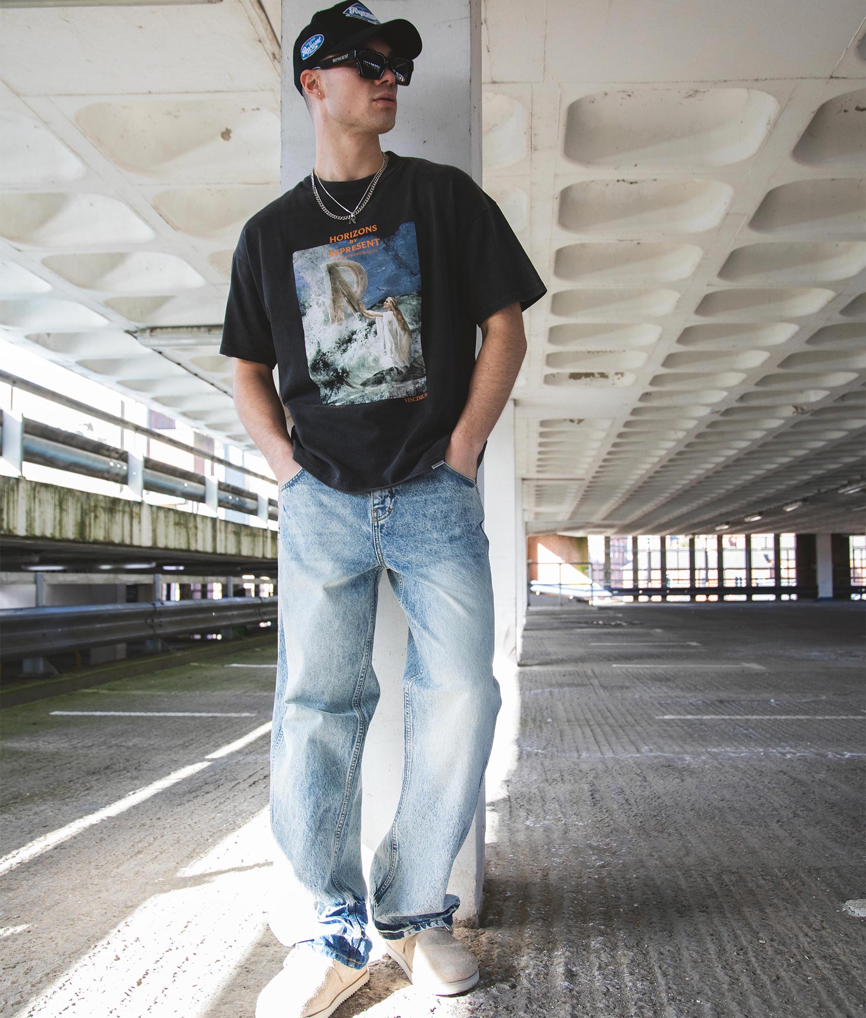R3 Baggy Denim Jeans in Blue by Represent. EQVVS Campaign Shot.