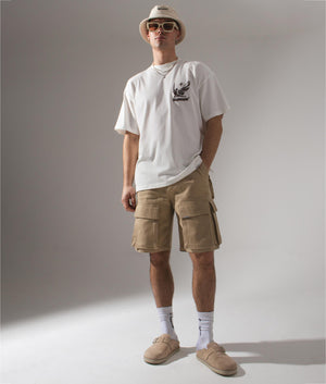 Represent Baggy Cotton Cargo Shorts in sandstone Campaign shot EQVVS