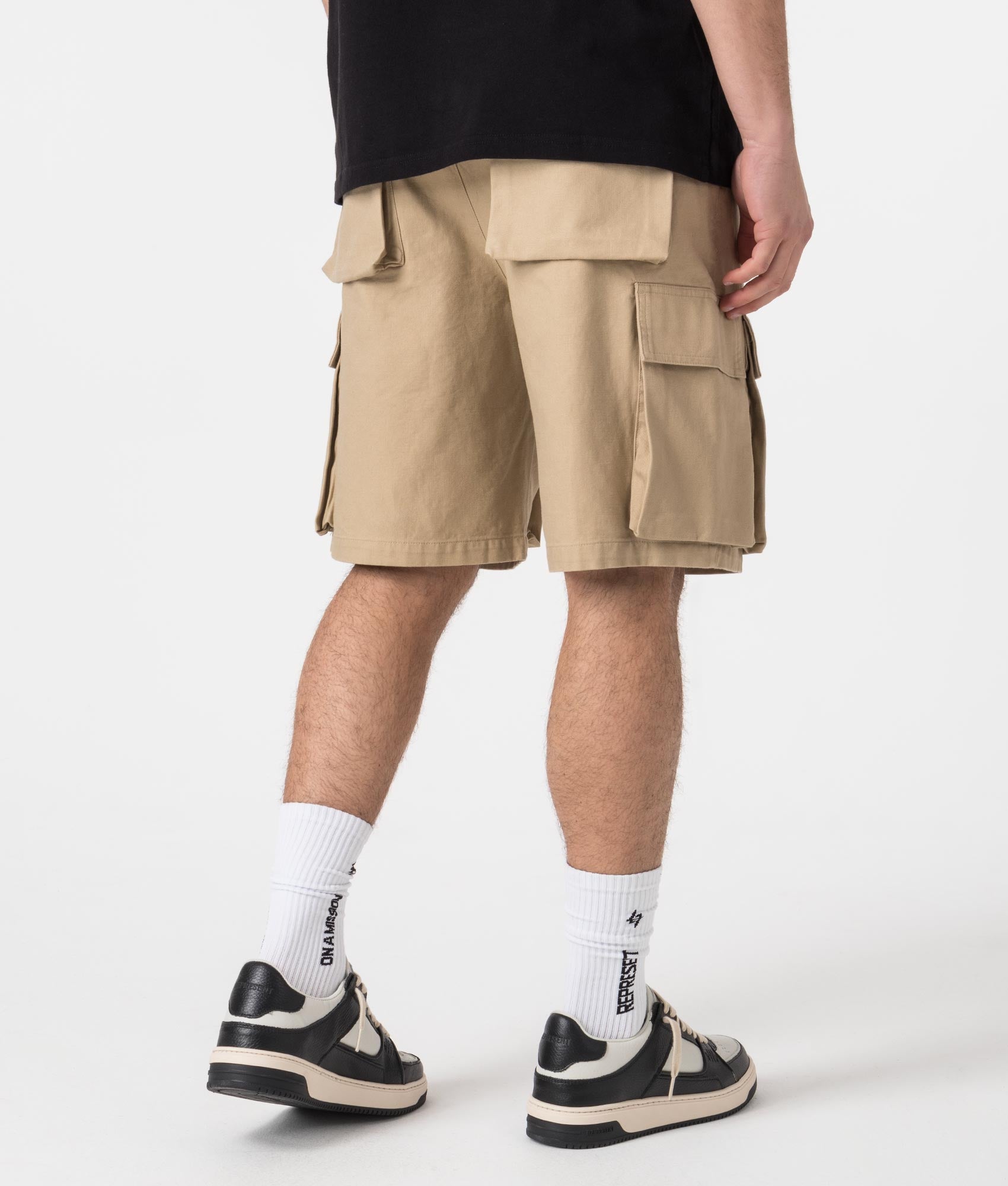 Represent Baggy Cotton Cargo Shorts in sandstone Model Back shot EQVVS