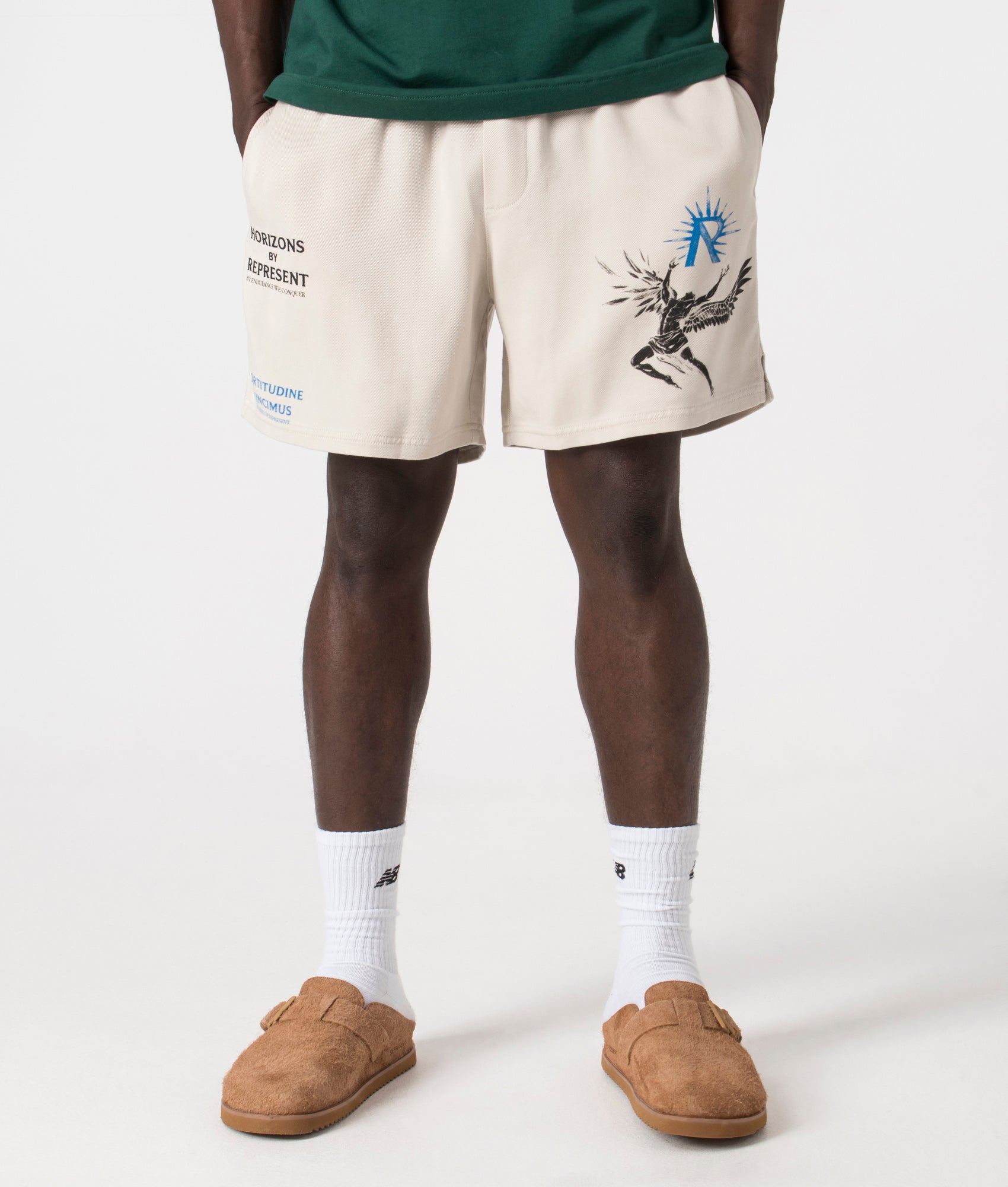 Icarus Shorts in Off White by Represent. EQVVS Front Angle Shot.