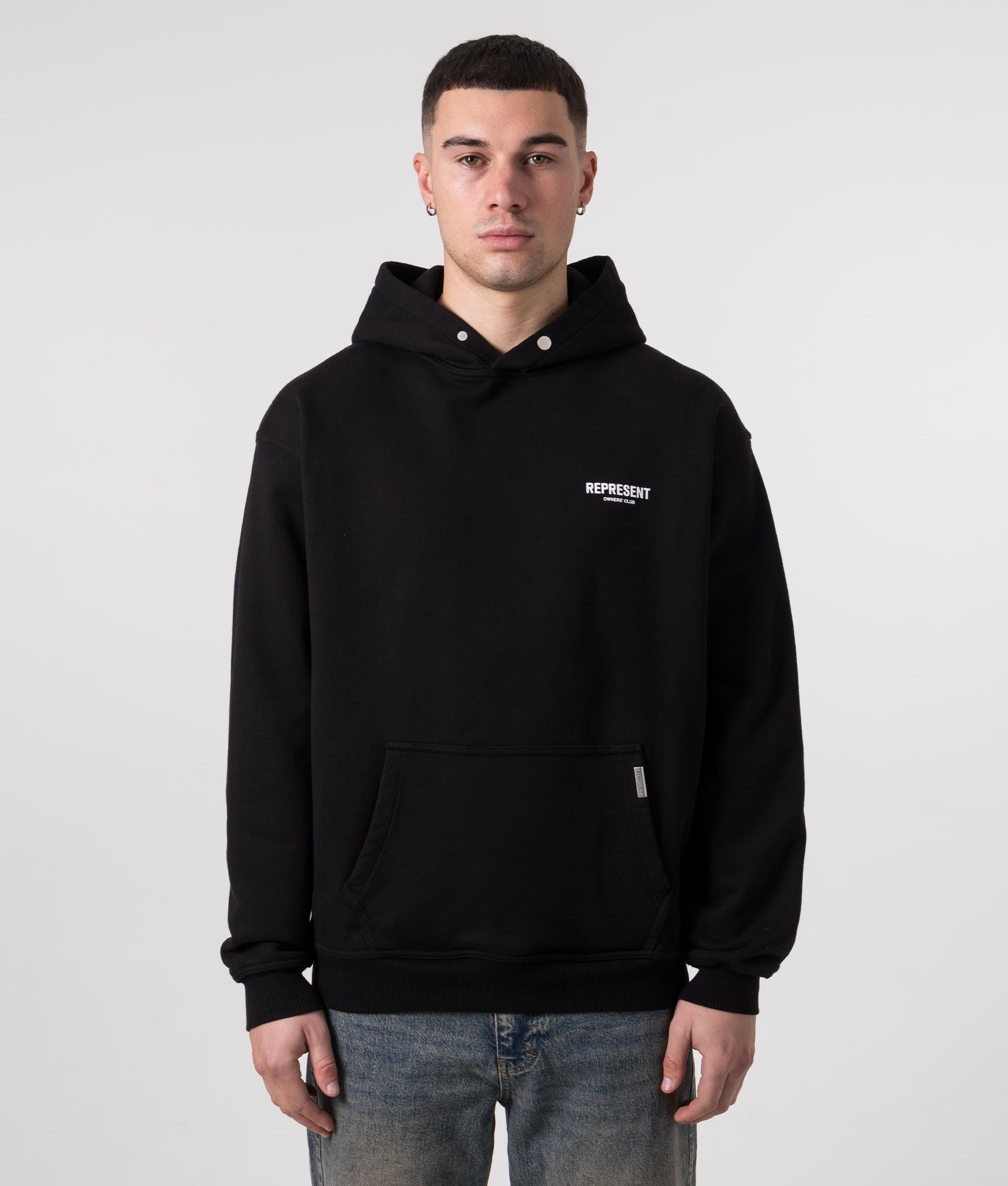 Represent owners club hoodie in black at EQVVS Menswear. Model front shot.
