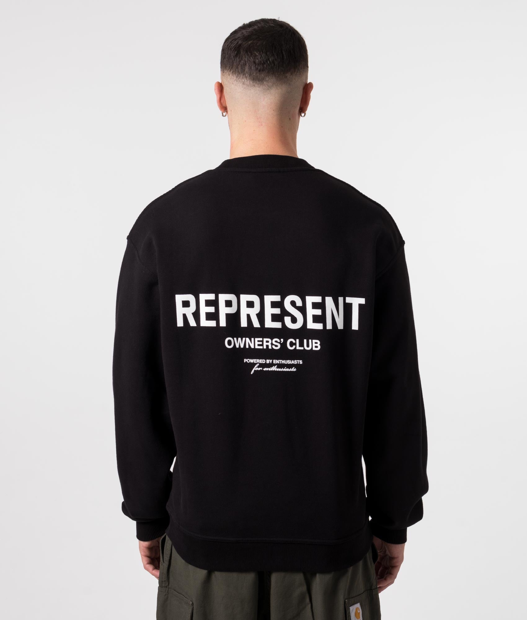 Represent Owners Club Sweatshirt in Black at EQVVS Menswear. Model back shot.