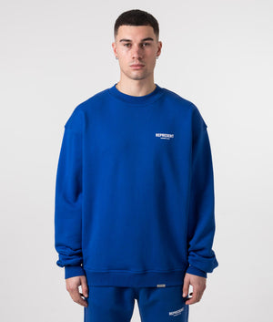 Represent Owners Club Sweatshirt in Cobalt Blue Model Front Shot EQVVS