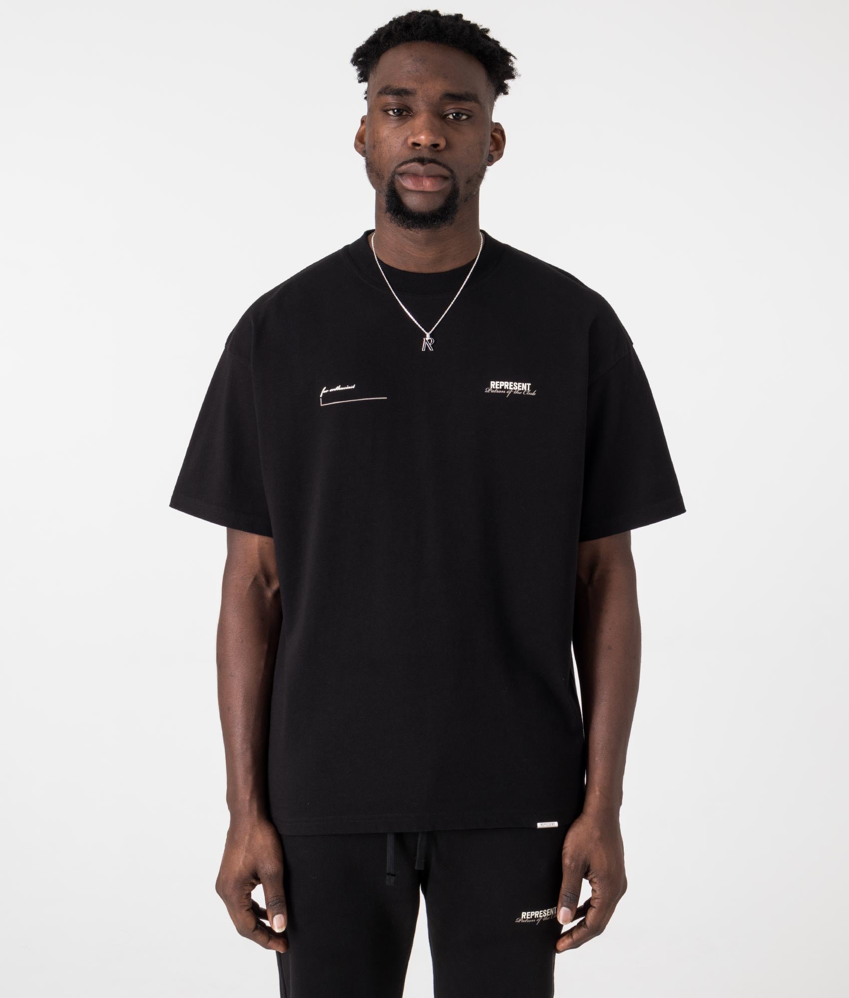 Represent Patron of the club T-Shirt in Black at EQVVS Menswear. Model front shot.