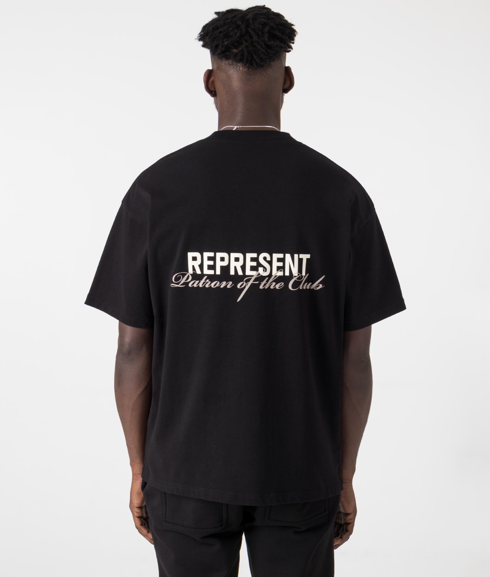 Represent Patron of the club T-Shirt in Black at EQVVS Menswear. Model Back shot.