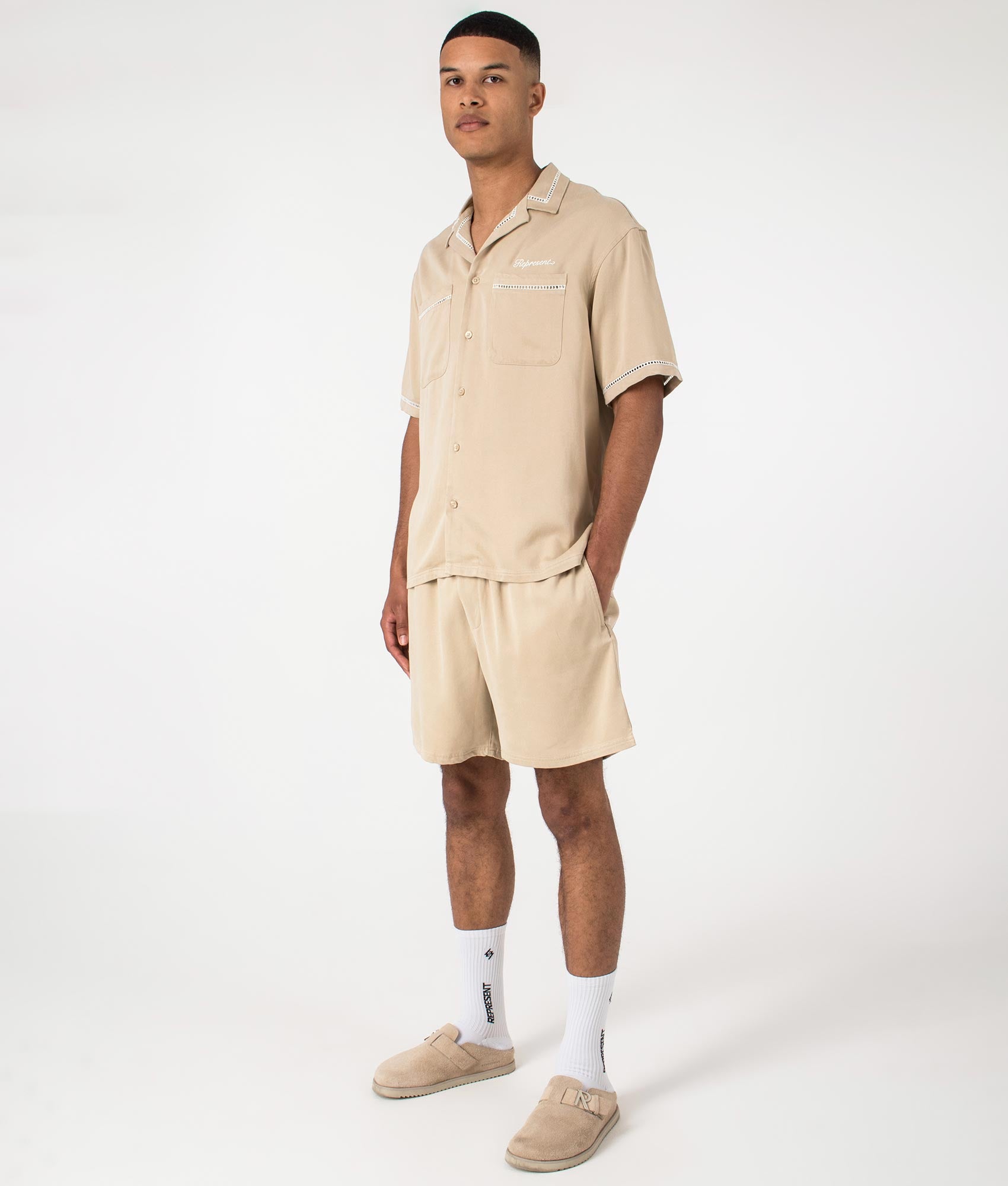 Resort Shorts in Latte by Represent. EQVVS Full Length Model Shot.