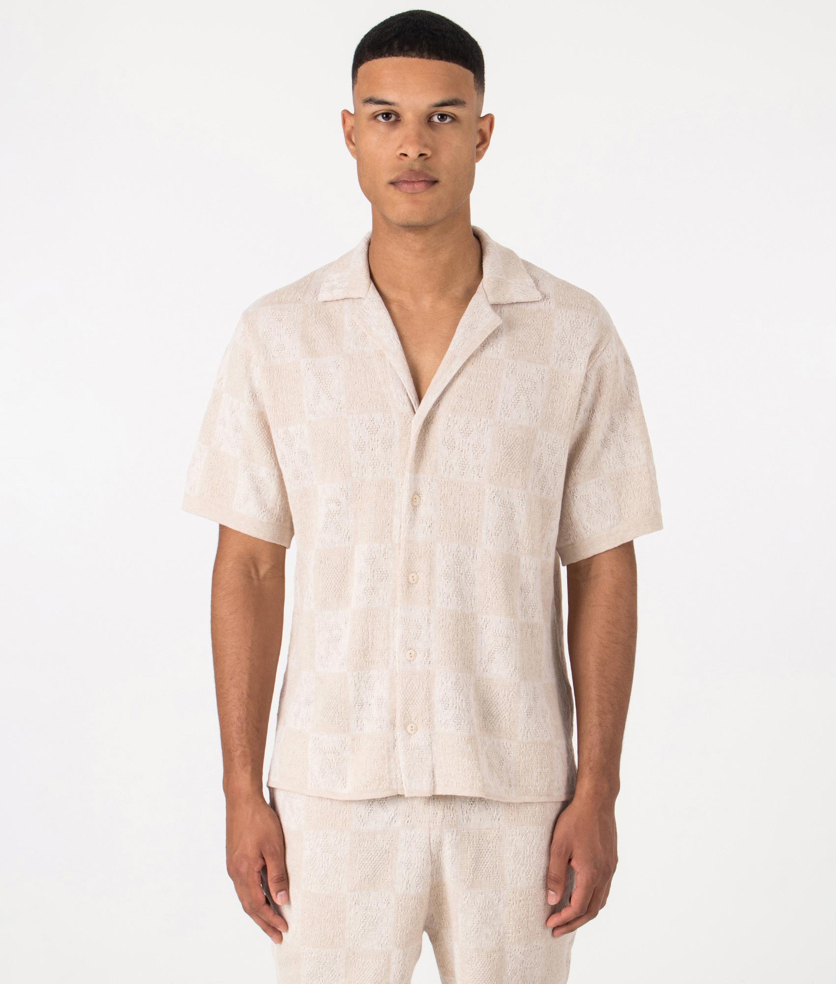 REPRESENT Relaxed Fit Crochet Shirt in Multi. Front angle model shot at EQVVS.