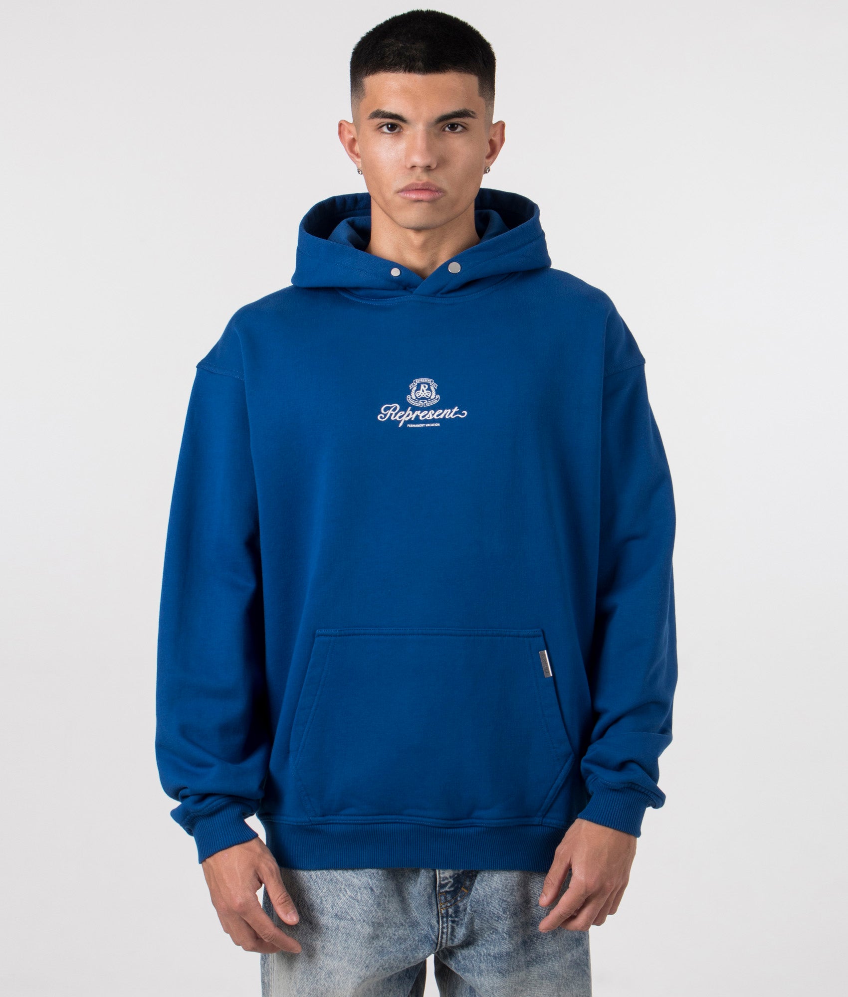 Permanent Vacation Hoodie in Royal Blue by Represent. EQVVS Model Shot.