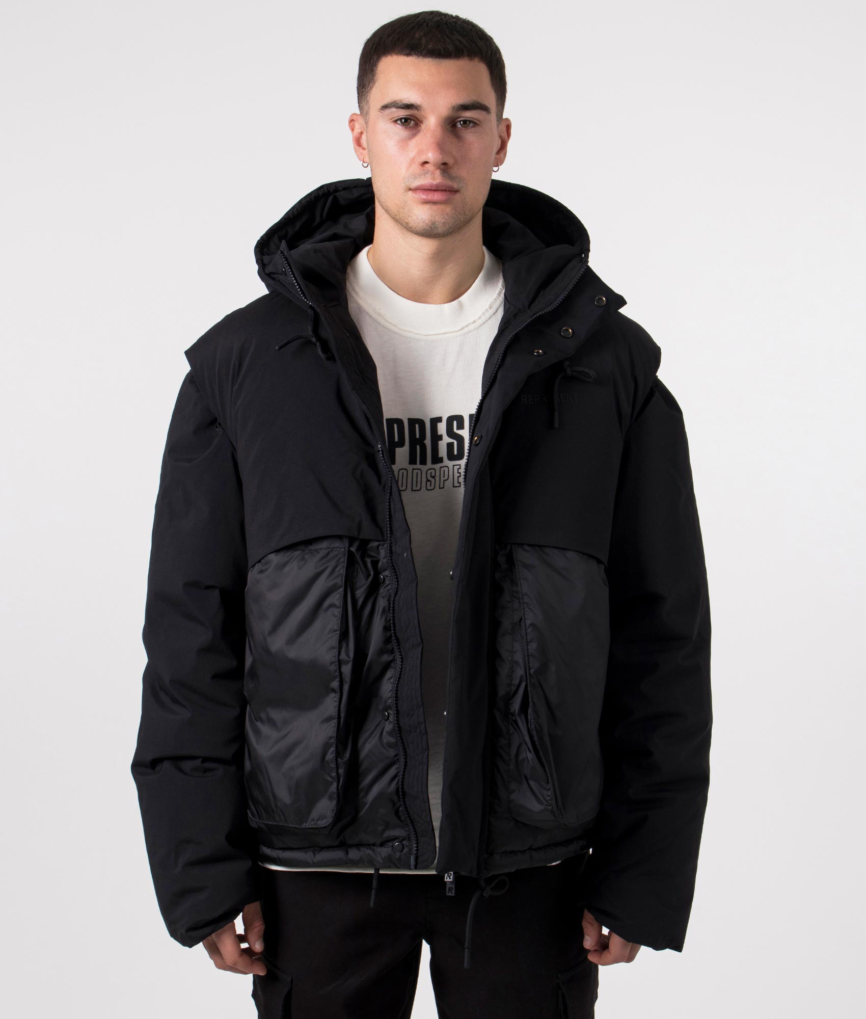 represent, Layered Hooded Puffer, jet black, Eqvvs Menswear, front open shot angle