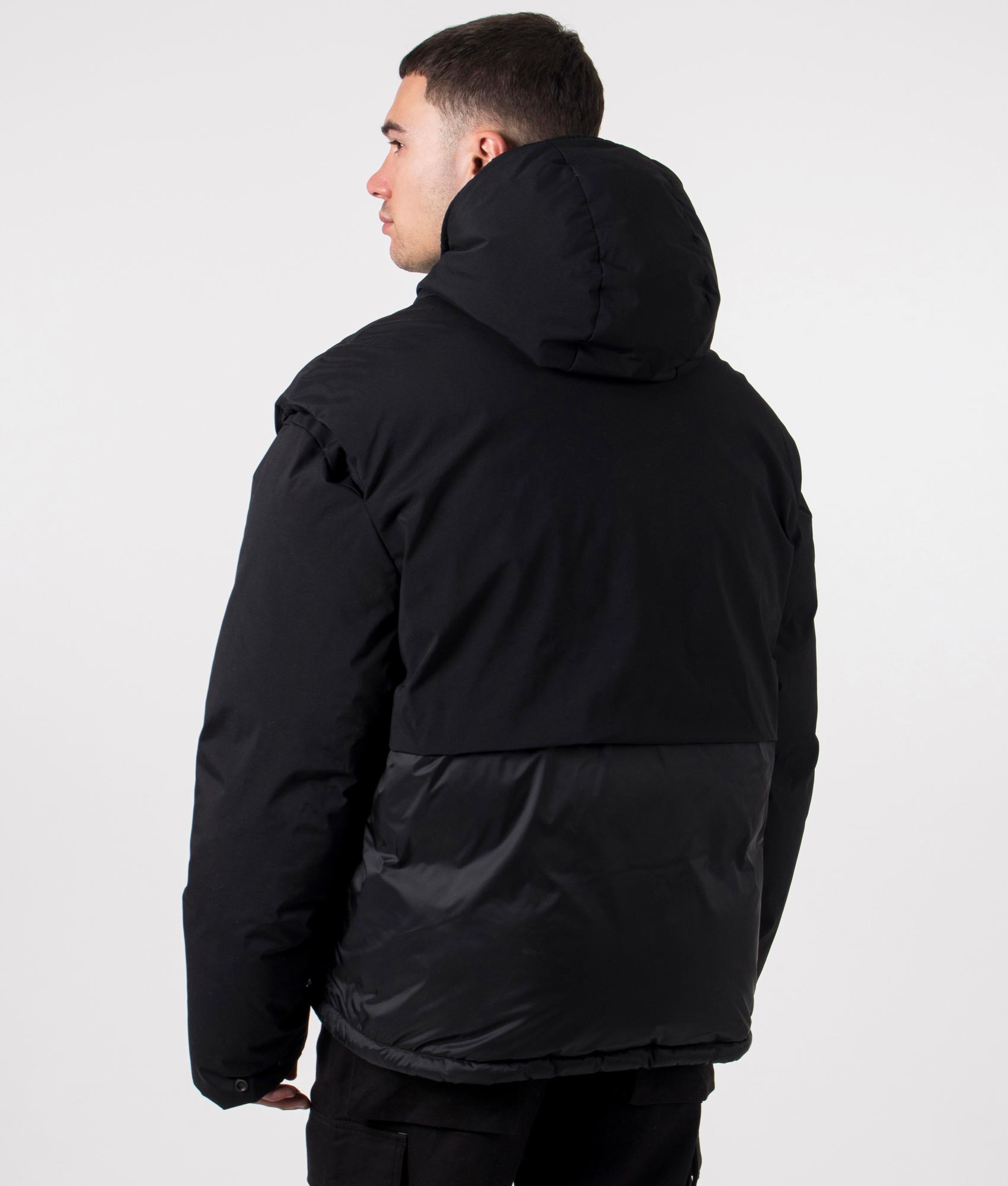 represent, Layered Hooded Puffer, jet black, Eqvvs Menswear, side shot angle