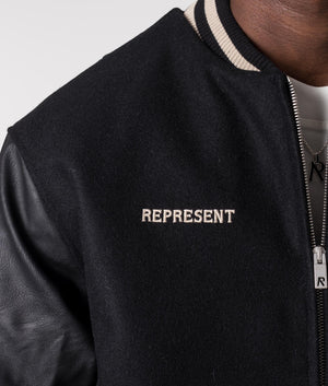 Bellerophon Wool Varsity Jacket in Jet Black by Represent. EQVVS Model detail Shot. 