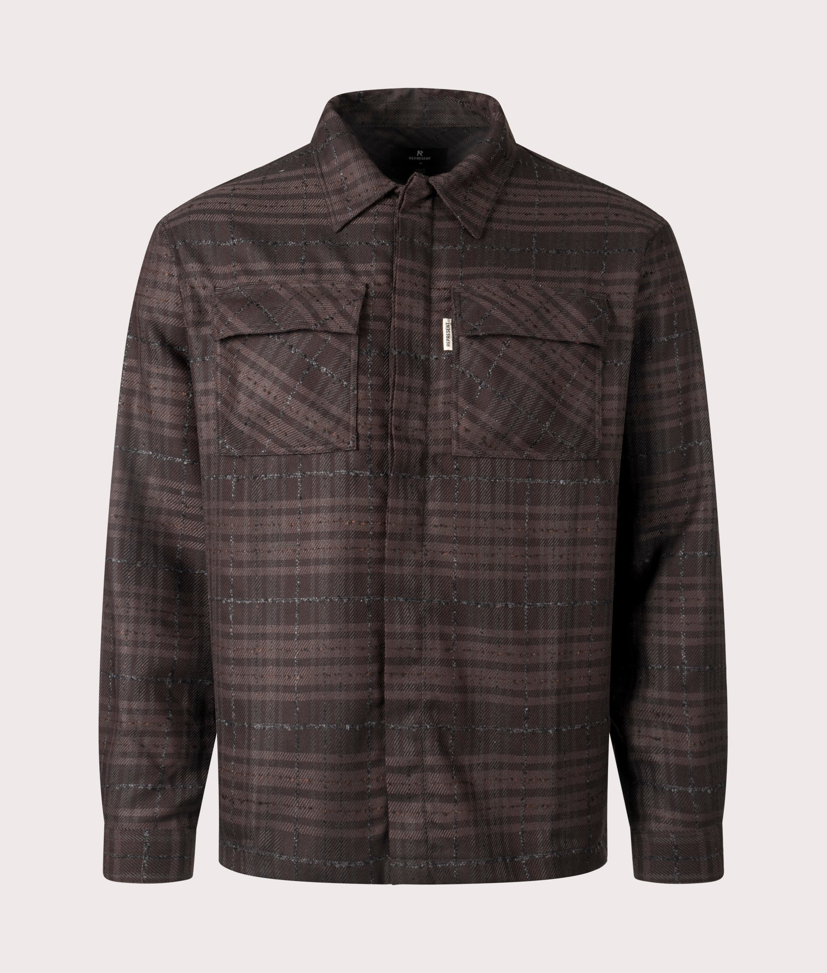 Oversized Rep Flannel Shirt in Coffee from REPRESENT. Front angle shot at EQVVS.