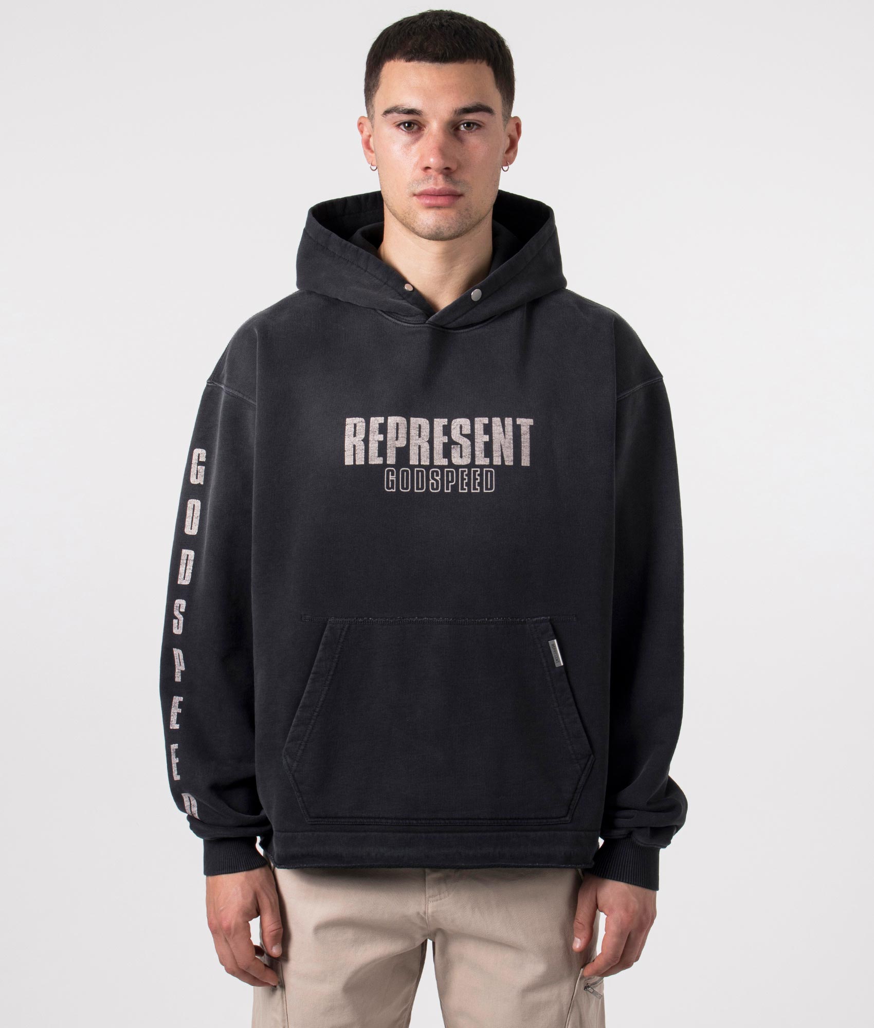 Represent, Godspeed hoodie, aged black, Eqvvs Menswear, front shot angle