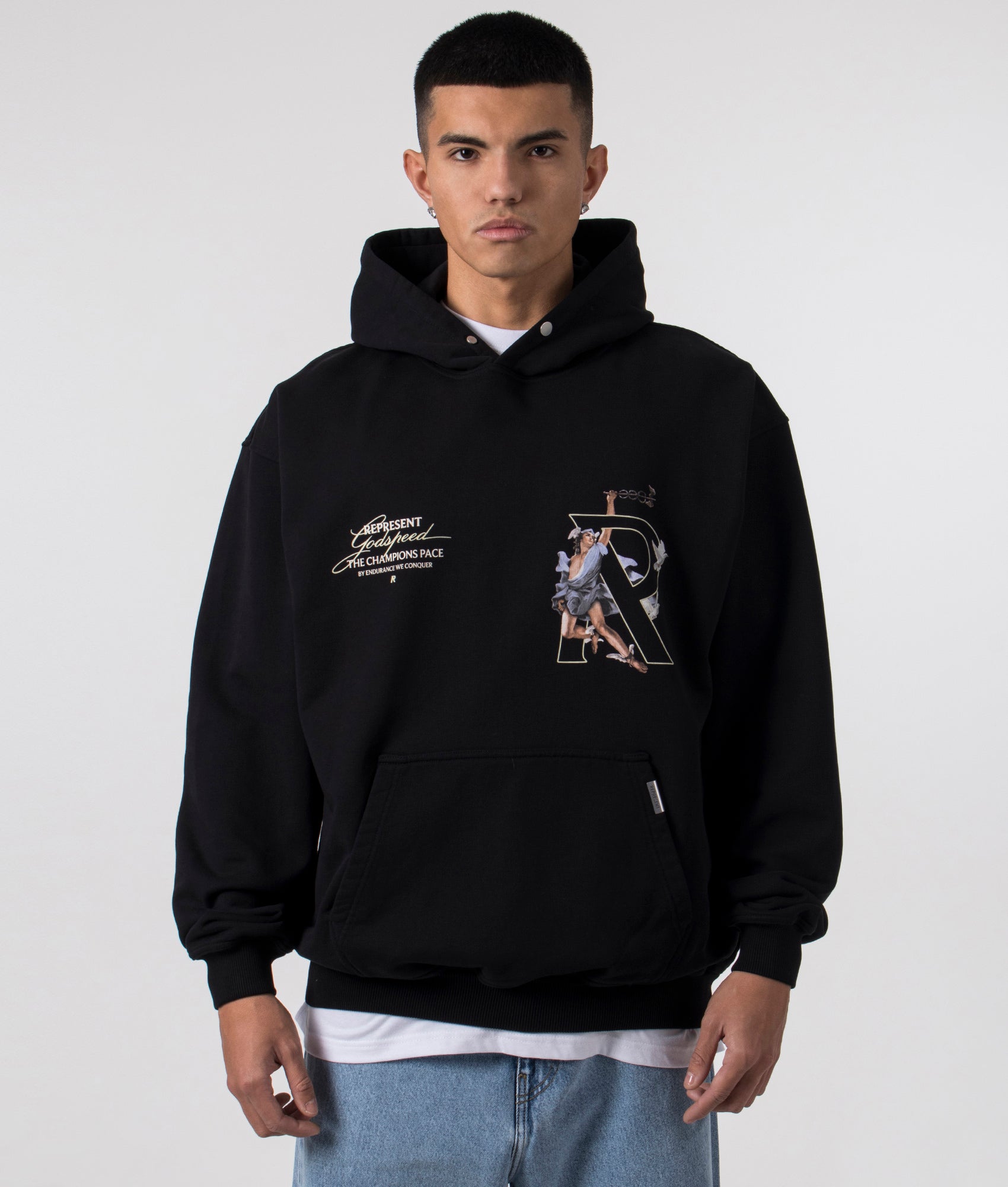 Hermes Hoodie in Black by REPRESENT. Shot at EQVVS. Front shot. 
