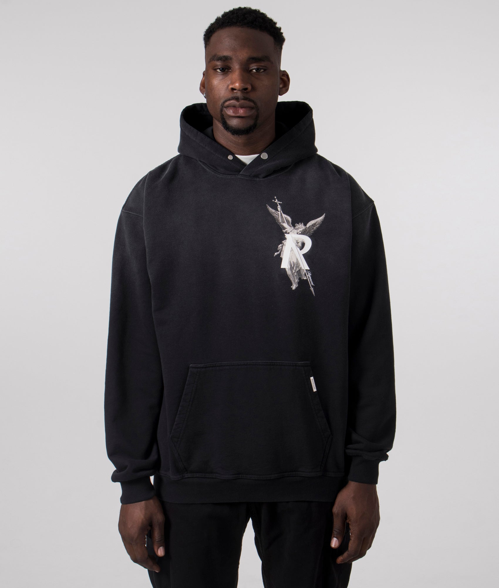 Oversized Black from Represent. Front detail model shot at EQVVS.
