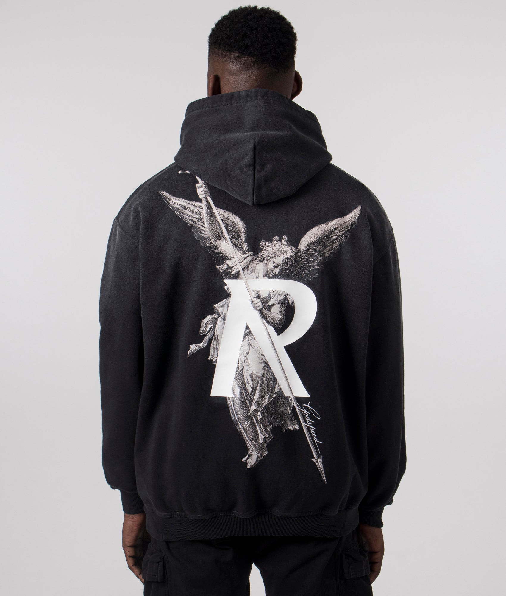 Oversized Black from Represent. Back detail model shot at EQVVS.