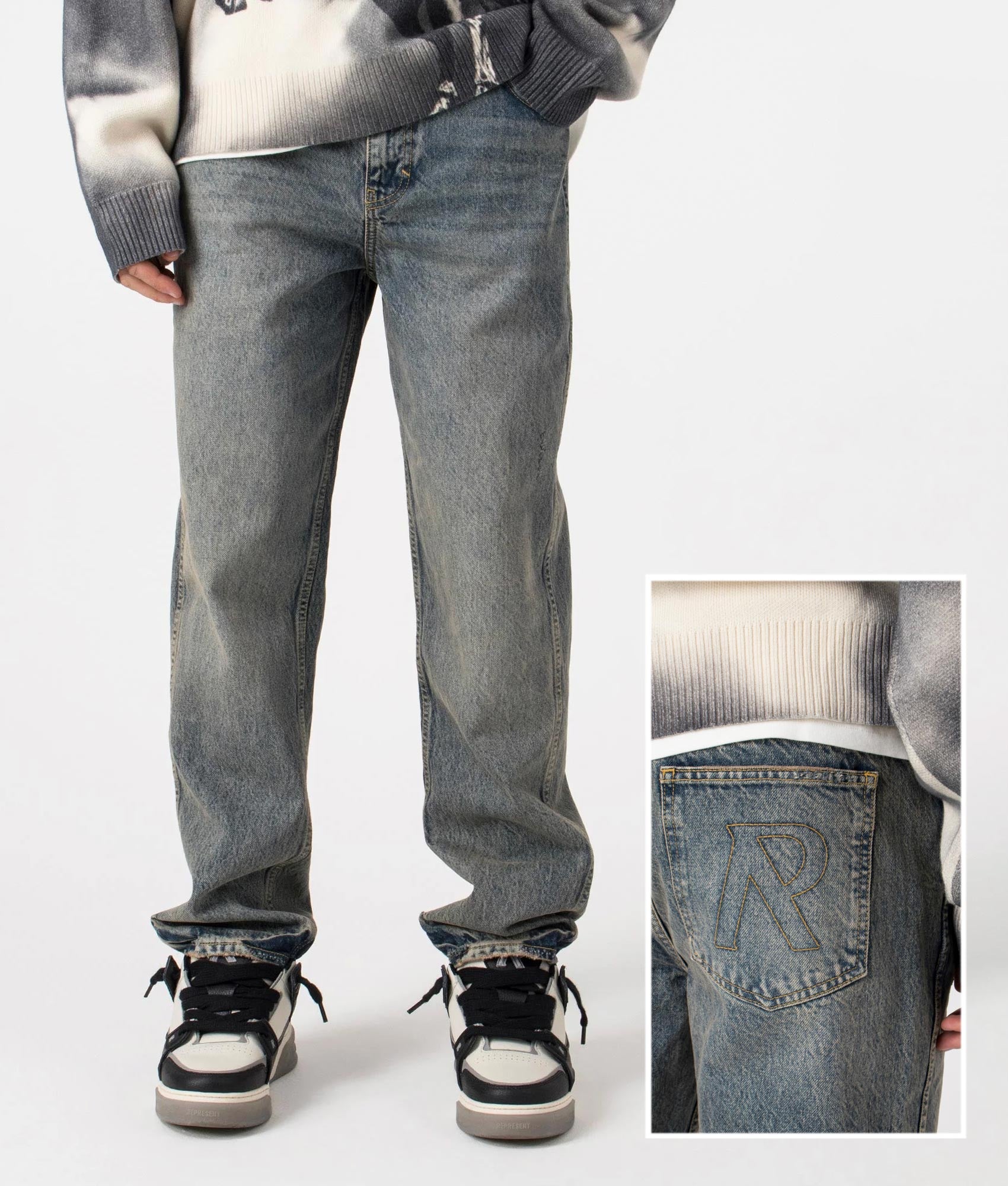 Represent, Straight Leg R2 Jeans, mid blue, Eqvvs Menswear, front and detail shot 