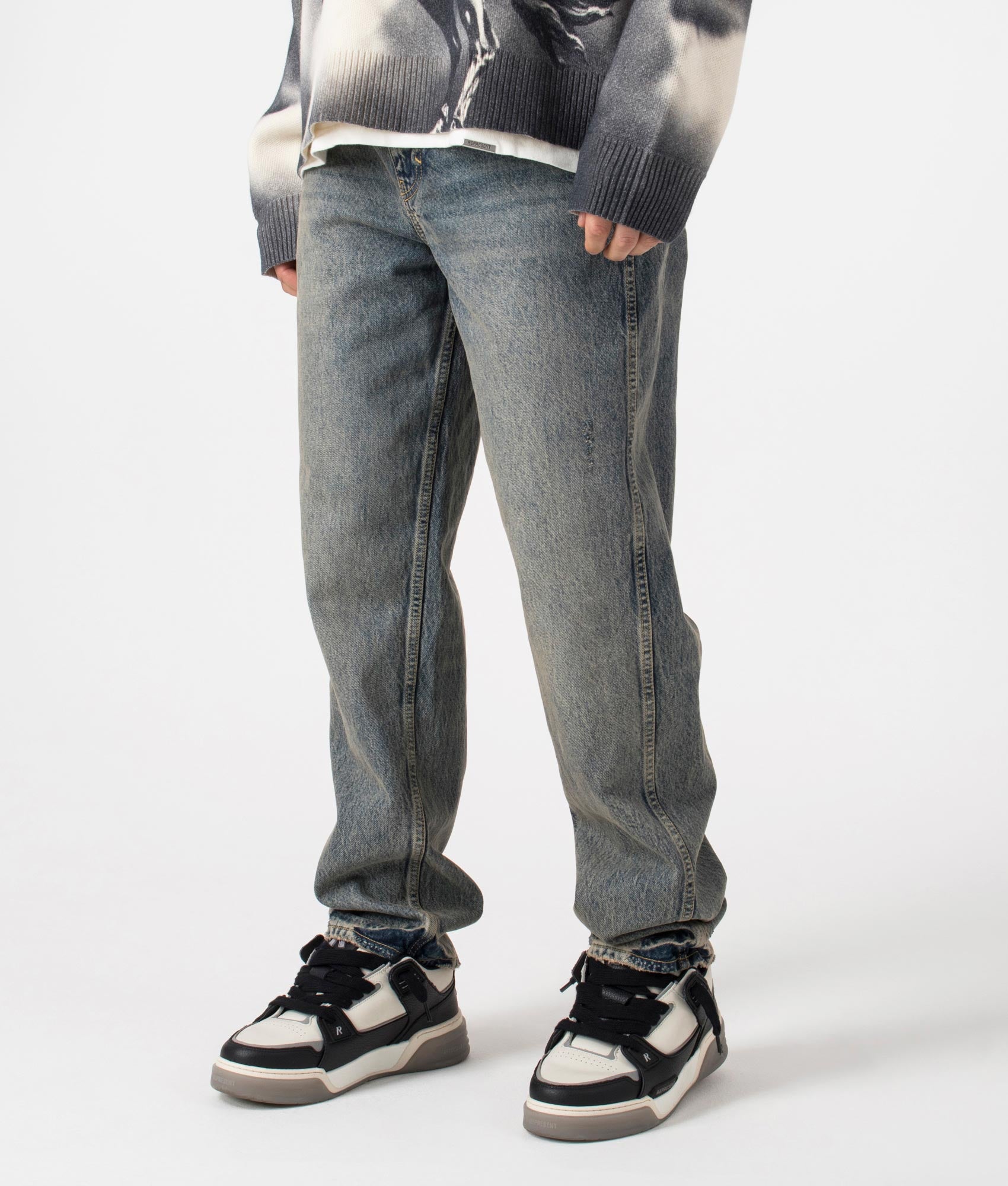Represent, Straight Leg R2 Jeans, mid blue, Eqvvs Menswear, side shot angle