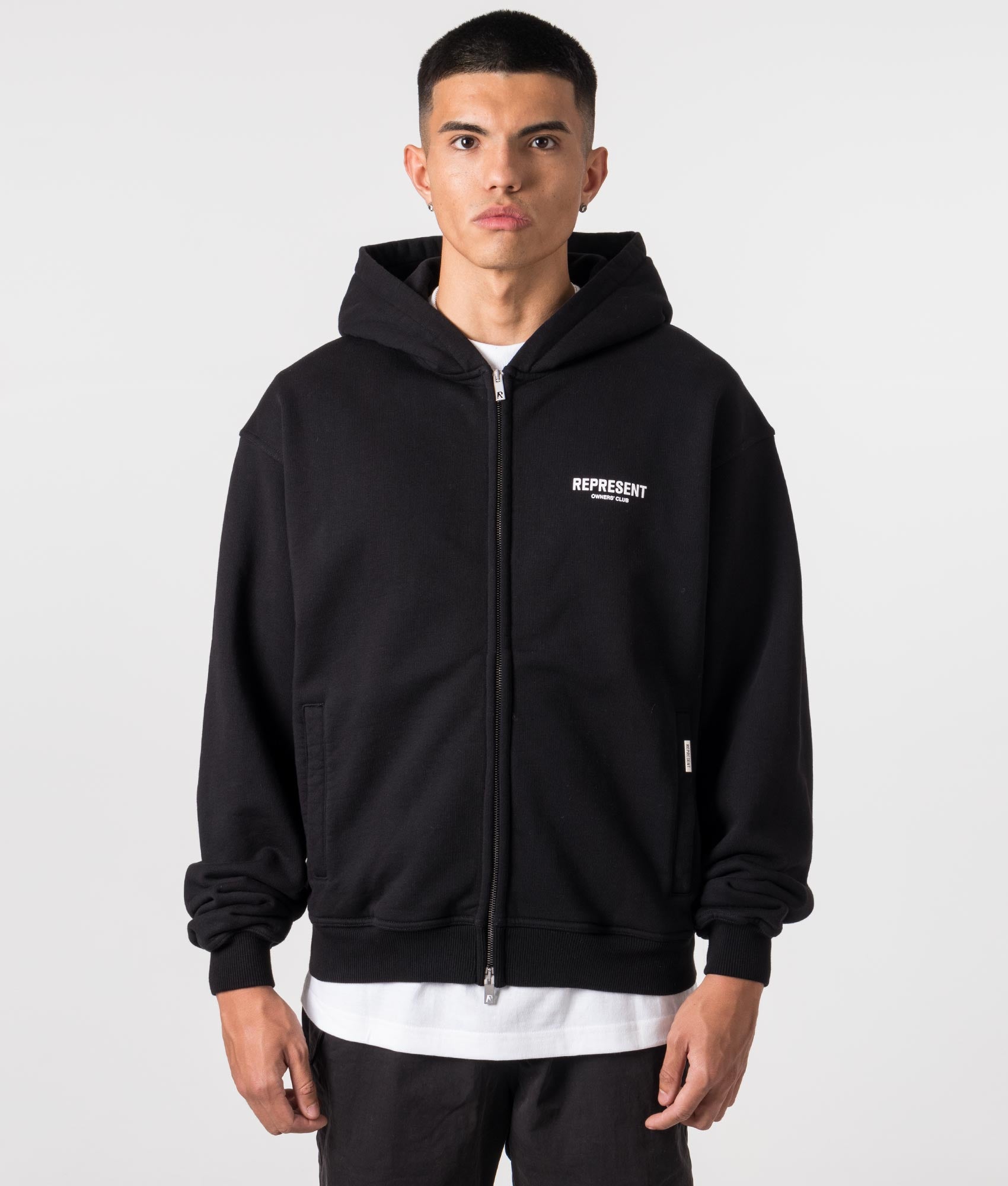 Represent Owners Club Zip Through Hoodie in Black at EQVVS Menswear. Model Shot. 