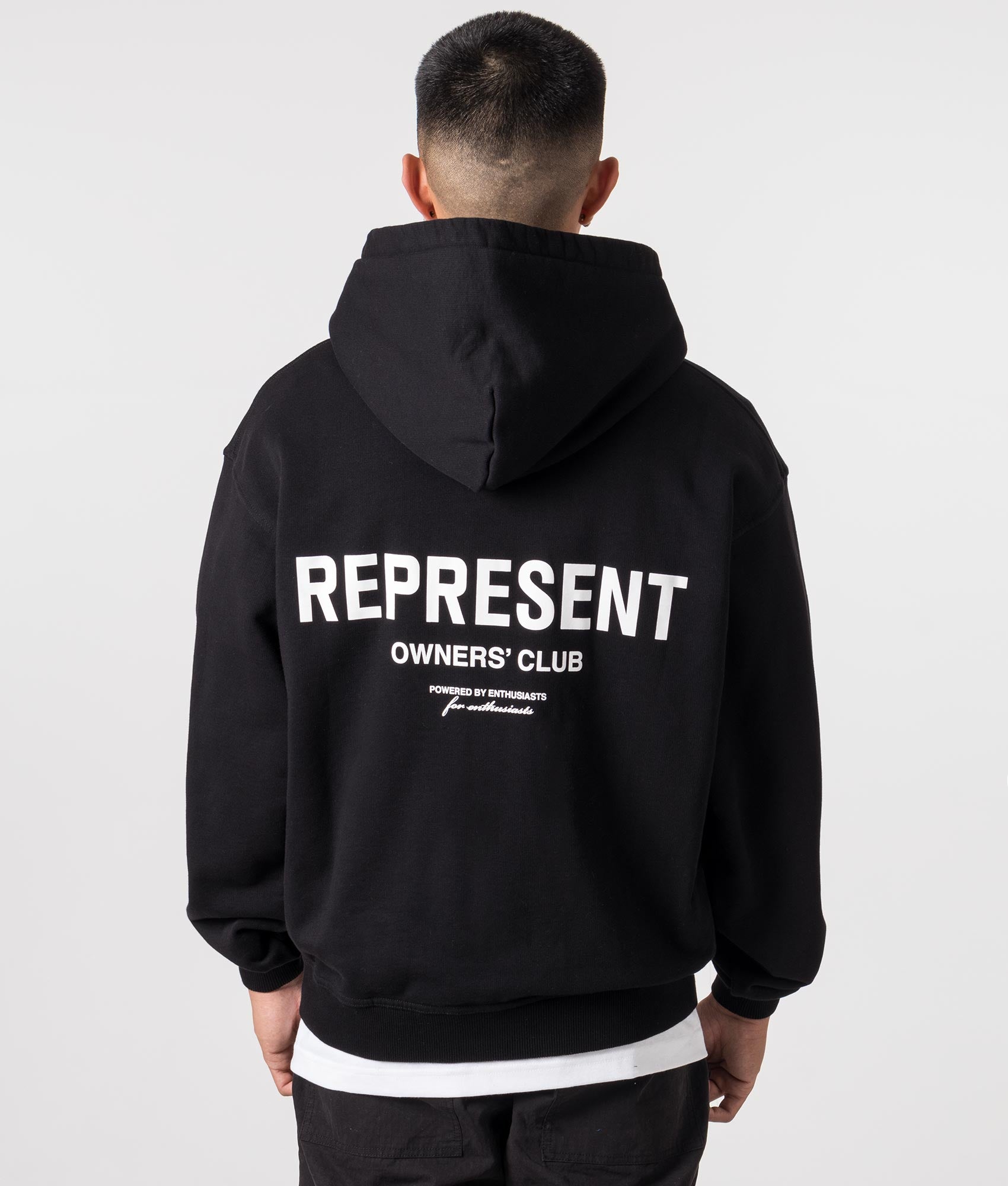 Represent Owners Club Zip Through Hoodie in Black at EQVVS Menswear. Model back shot.